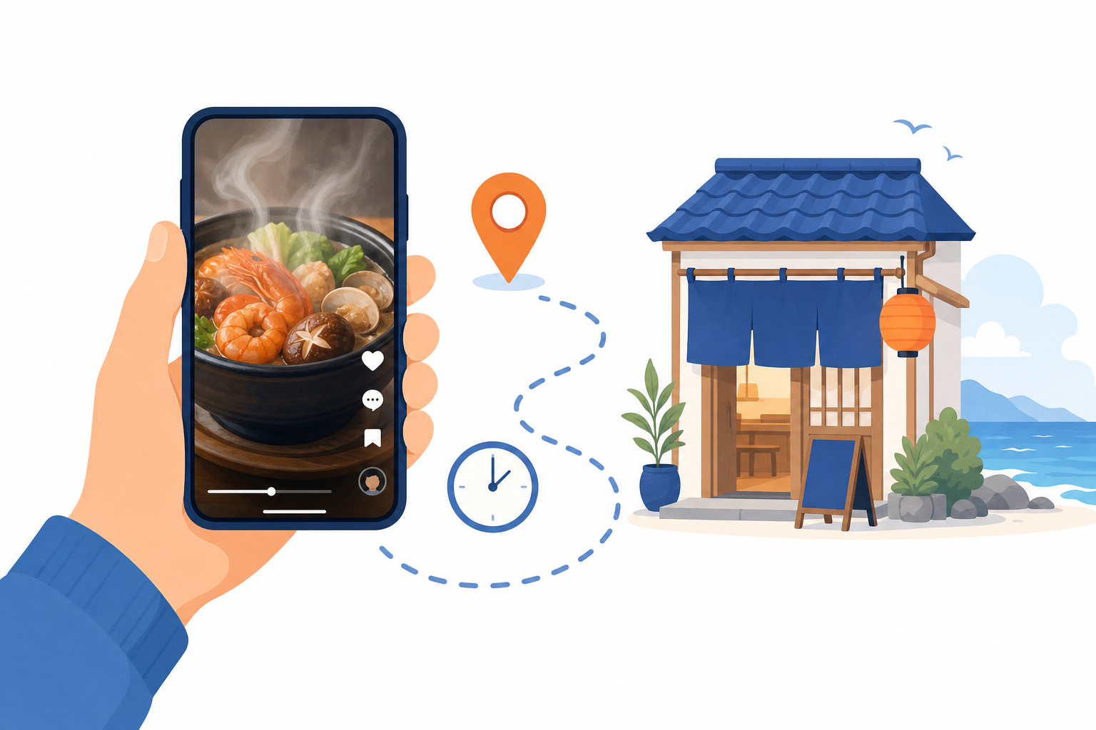 スマートフォンのリール動画から地図のピンをたどって海辺の飲食店へ向かうイメージ図