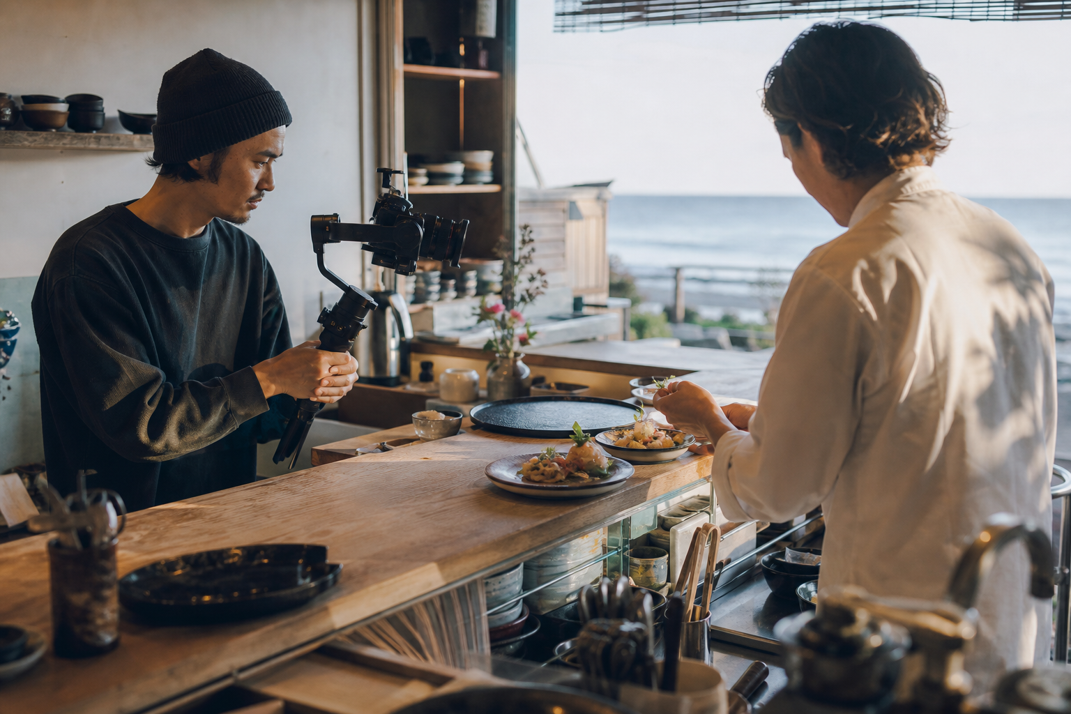 湘南の海沿いの飲食店で、料理を仕上げる店主の手元をカメラで撮影する様子