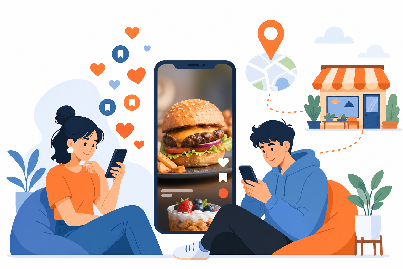 スマートフォンのショート動画で飲食店を見つけて保存する若い世代のイメージ図解